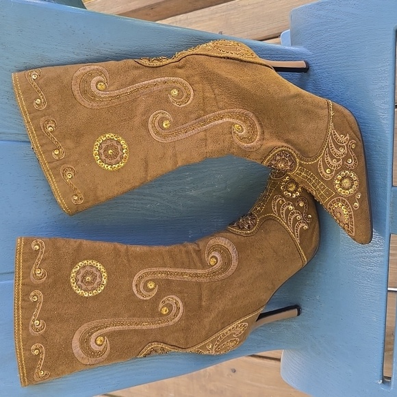 Milano Womens 7.5 Embroidered Brown Spiked Heel Boots - Picture 6 of 6